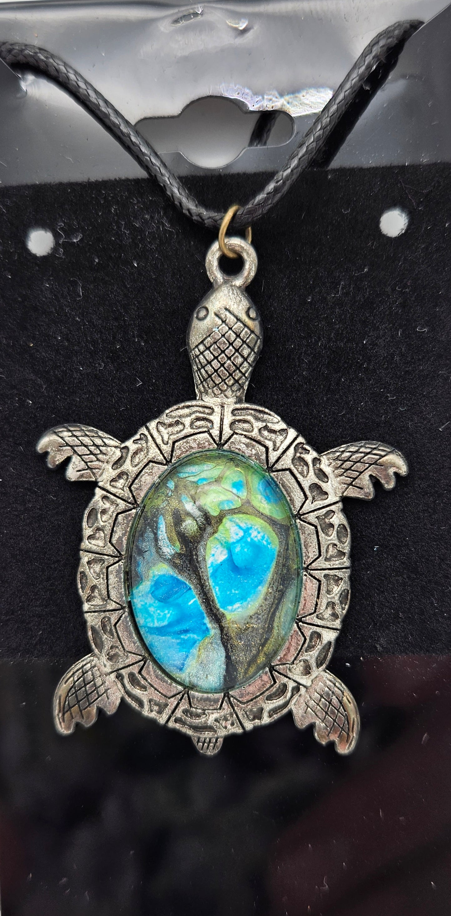 Pendant - Silver Turtle - Teal / Aqua / green cabochon