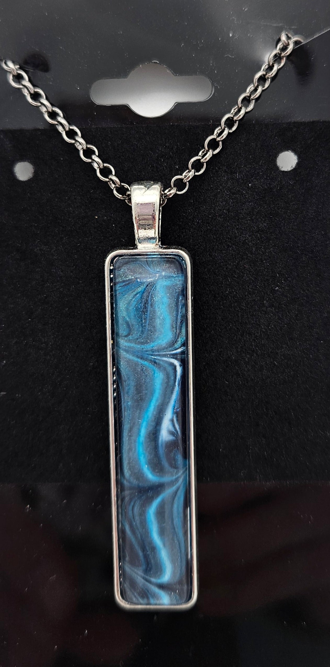 Pendant - Silver - Shades of Dark & Medium Blue - Long rectangle shape 2" x 1/2"