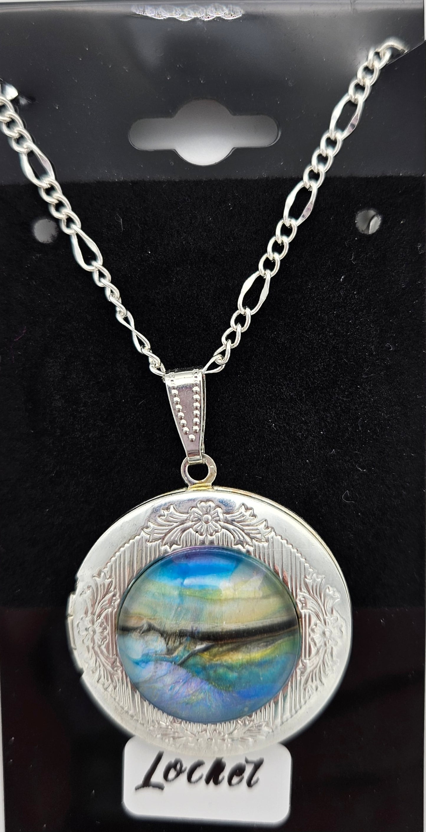 Pendant - Silver locket - shades of blue landscape