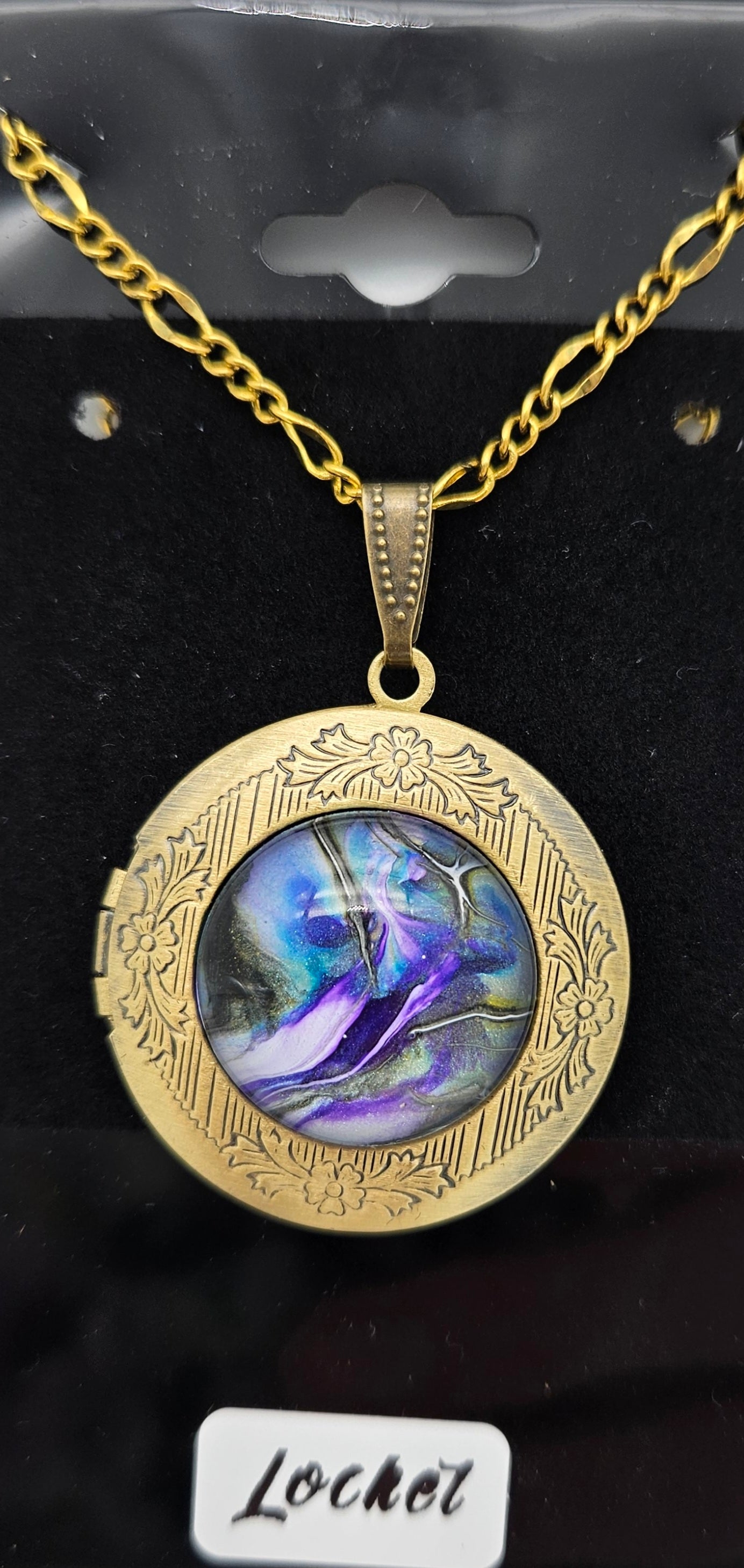 Pendant - Antique gold locket - shades of blue, purple, & green