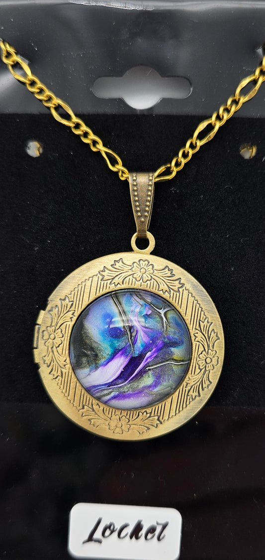 Pendant - Antique gold locket - shades of blue, purple, & green