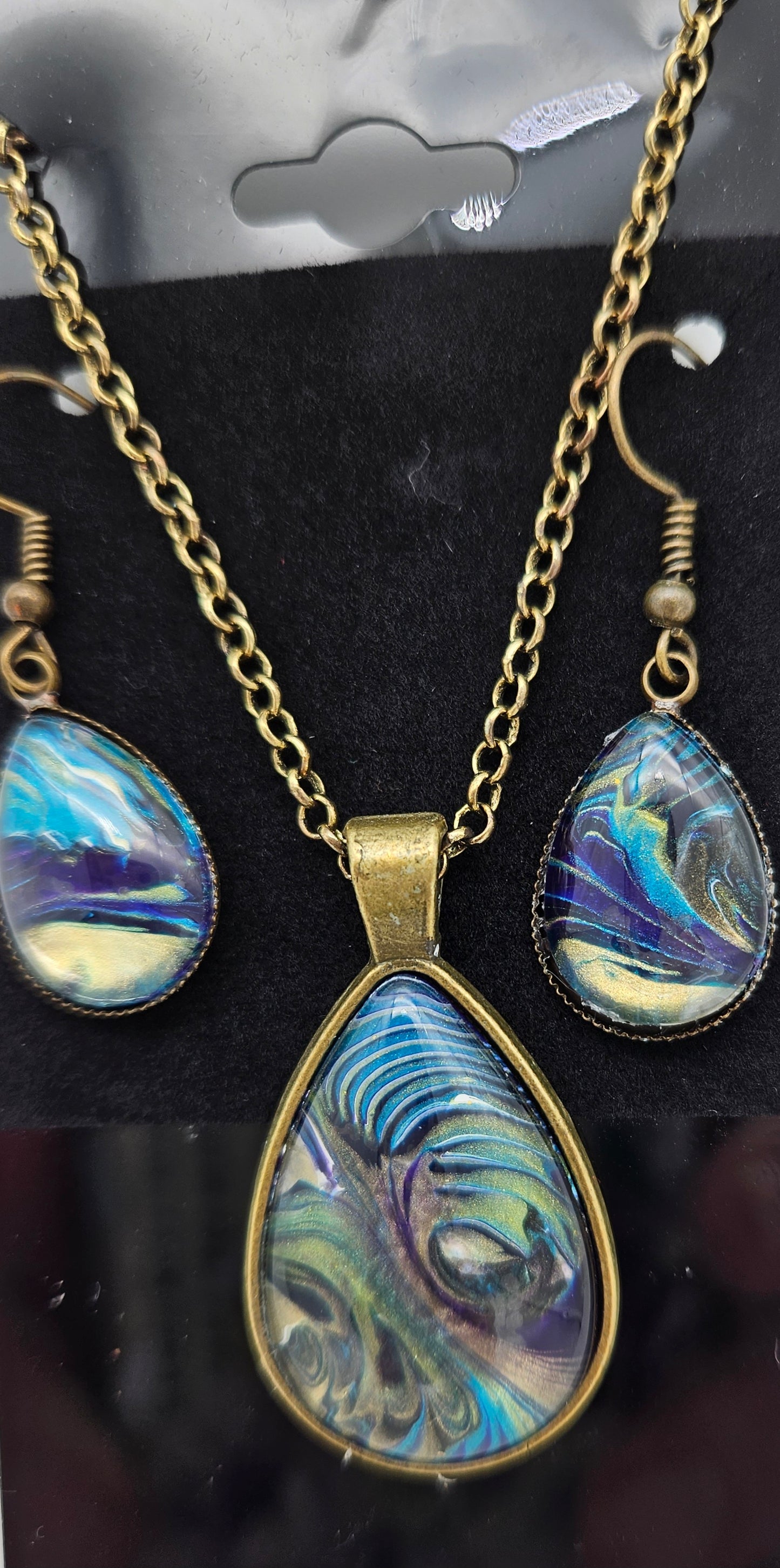 Pendant earring set - Bronze - shades of blue & bronze- tear drop
