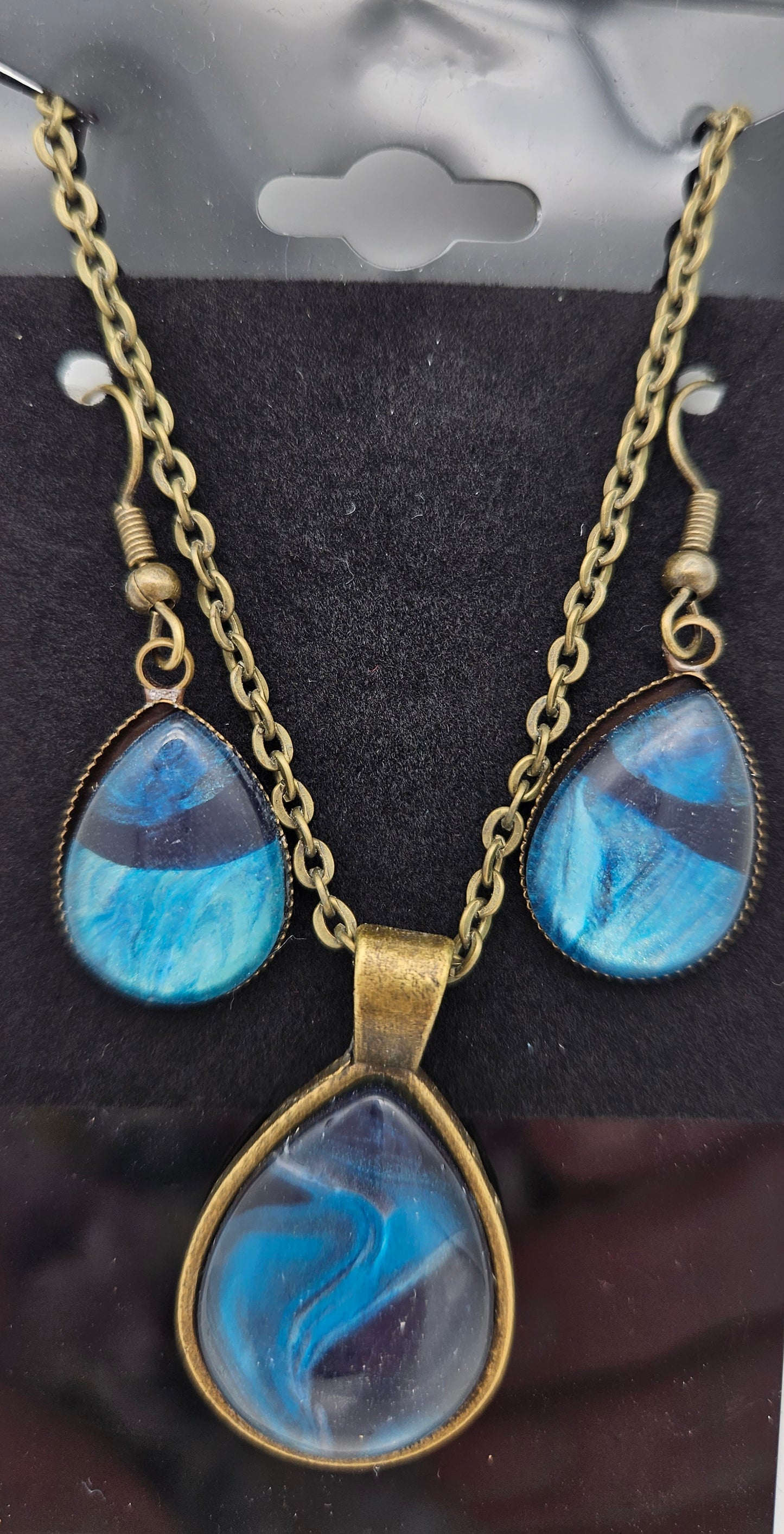 Pendant earring set - Bronze - shades of blue & bronze- tear drop