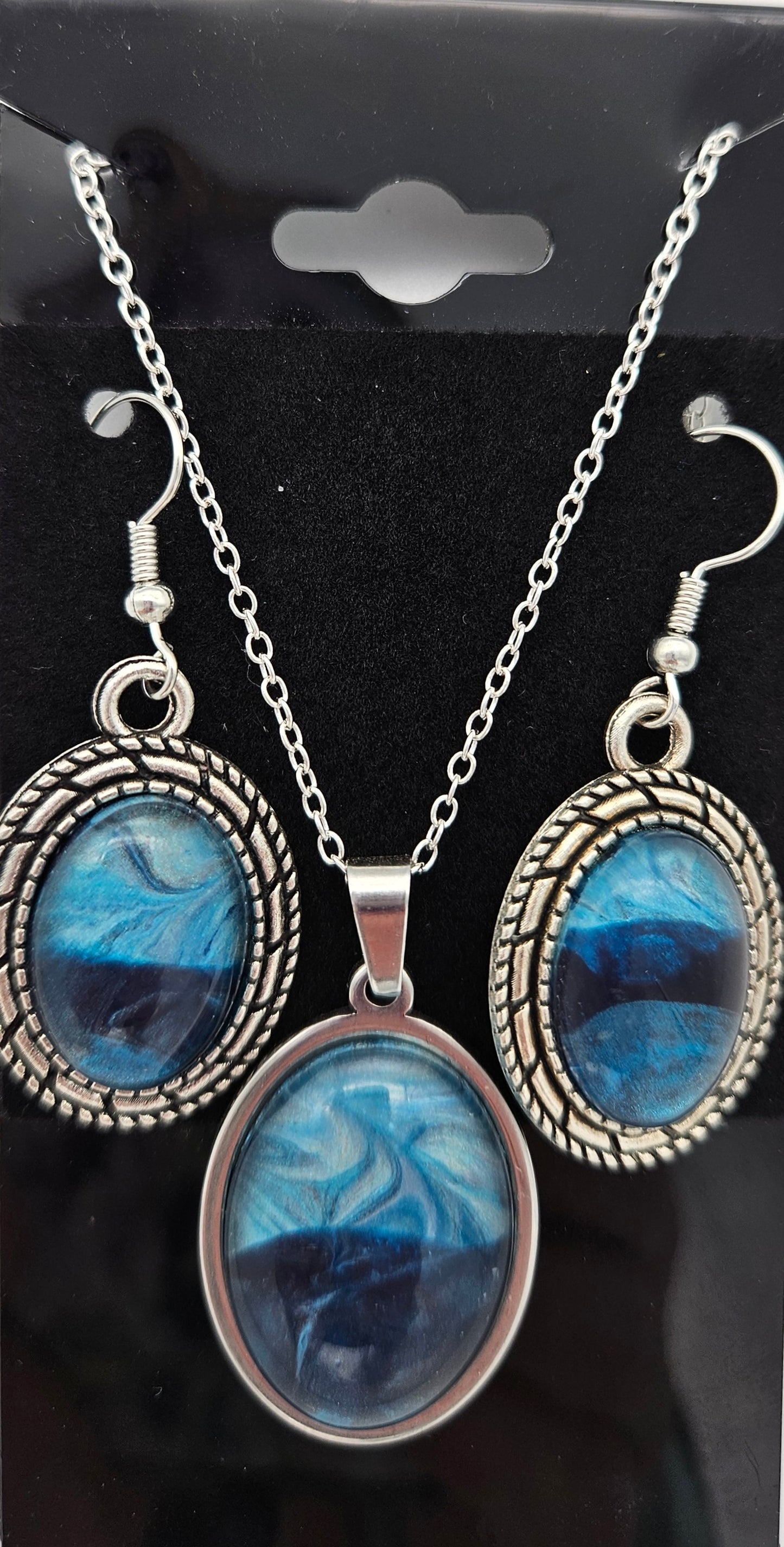 Pendant earring set - Silver - Shades of blue - Oval