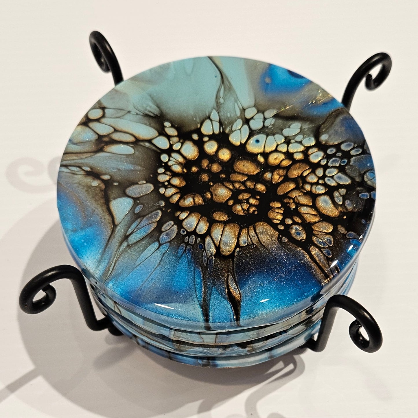 Coaster - Set of 4, Round with Holder - Blue/Gold 1