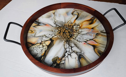 16" Round Serving Tray w/ Metal Handles - Golden Waterfall