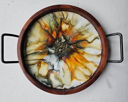 13.75" Round Serving Tray w/ Metal Handles - Golden Waterfall