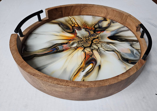 12" Round Serving Tray w/ Metal Handles - Golden Waterfall 1