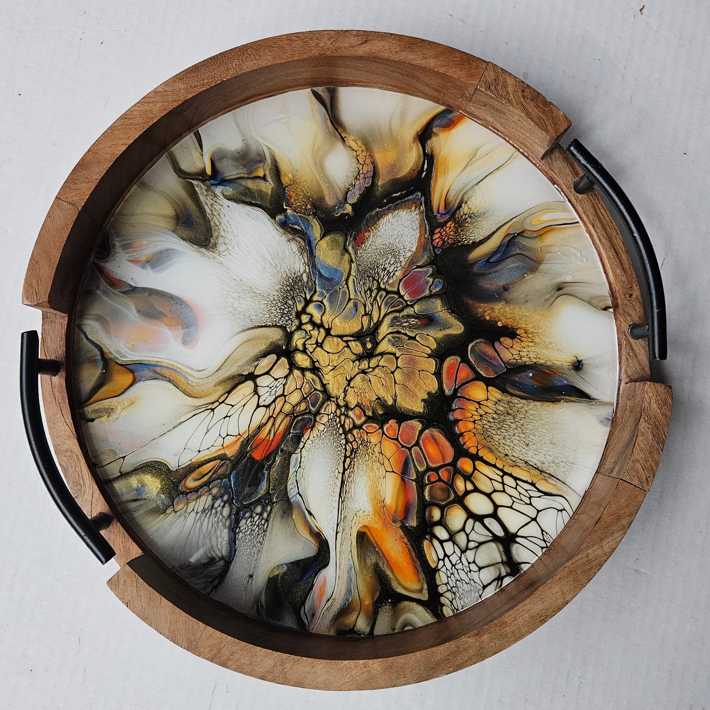 12" Round Serving Tray w/ Metal Handles - Golden Waterfall 2