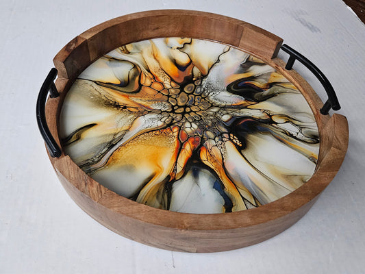 12" Round Serving Tray w/ Metal Handles - Golden Waterfall 3