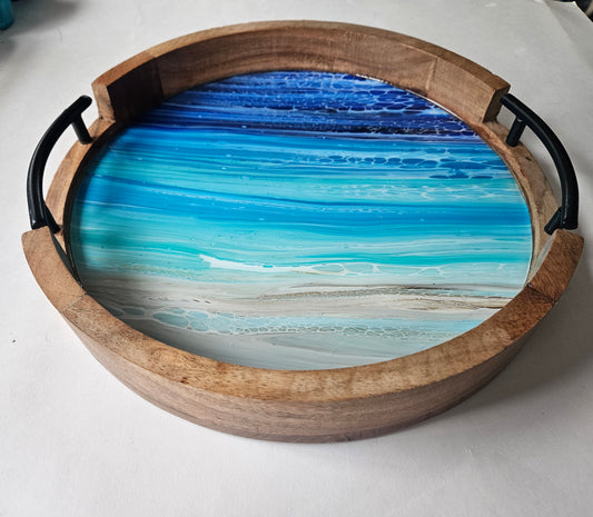 12" Rnd Tray w Metal Handle - Night Beach 2