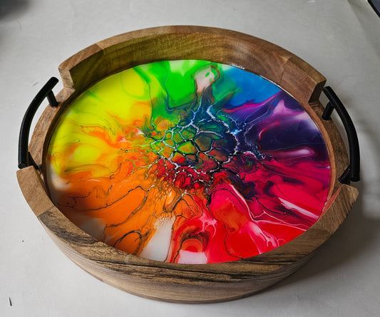 12" Rnd Tray w Metal Handle - Florescent Rainbow 1