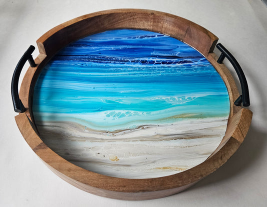 12" Rnd Tray w Metal Handle - Night Beach 1