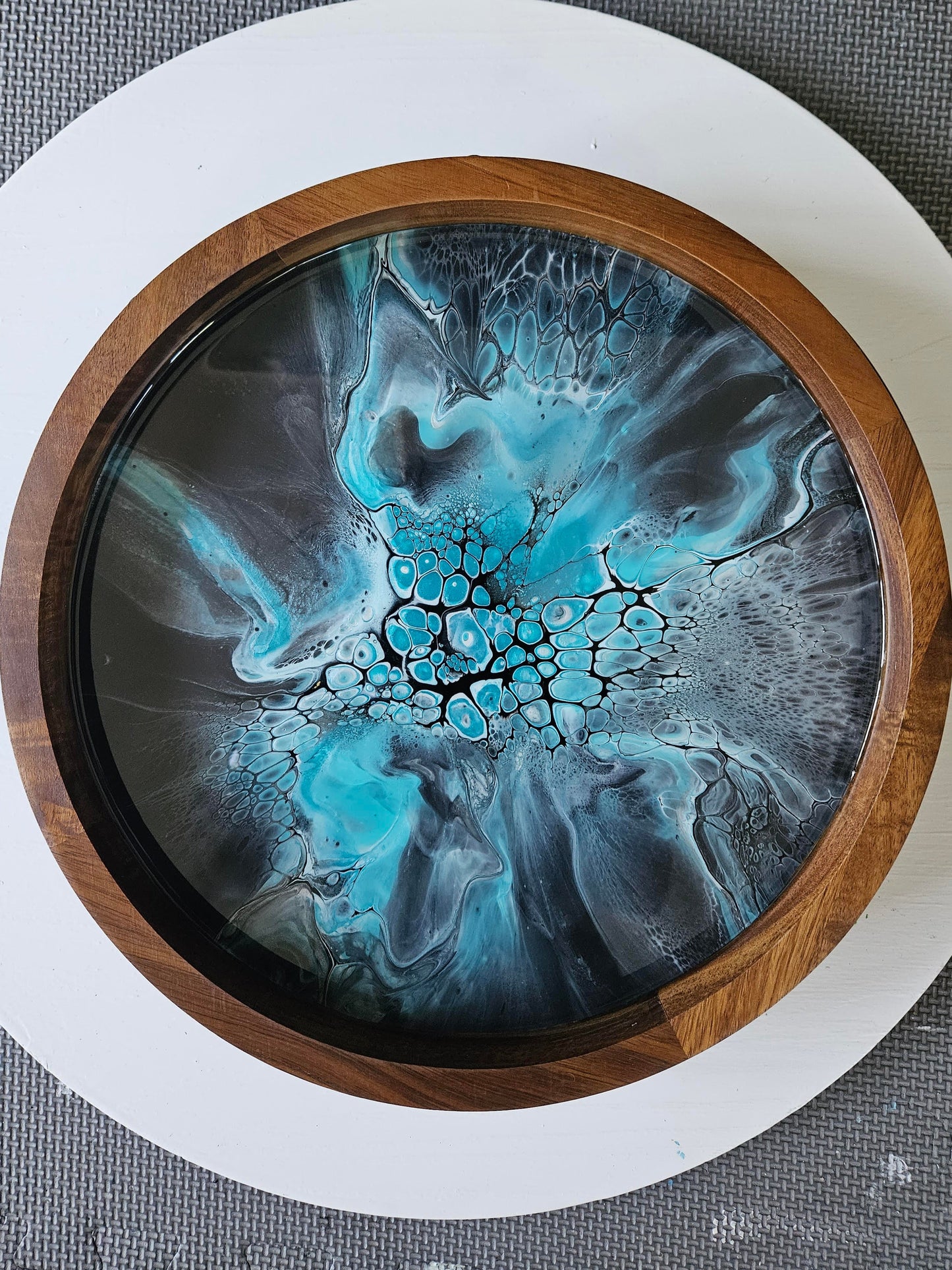 12" Acacia Lazy Susan - Teal/White