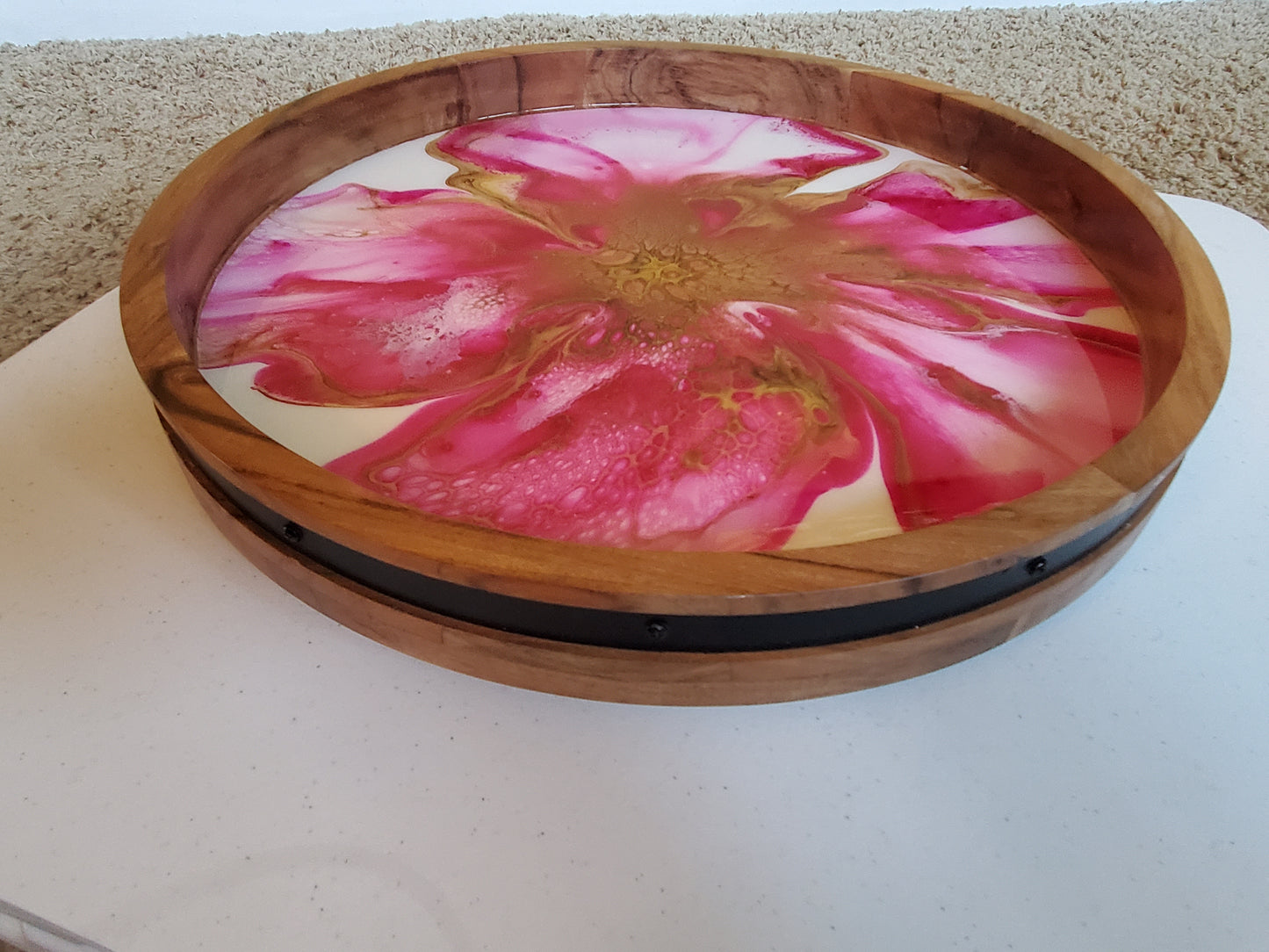 18" Acacia Lazy Susan - Pink/Gold