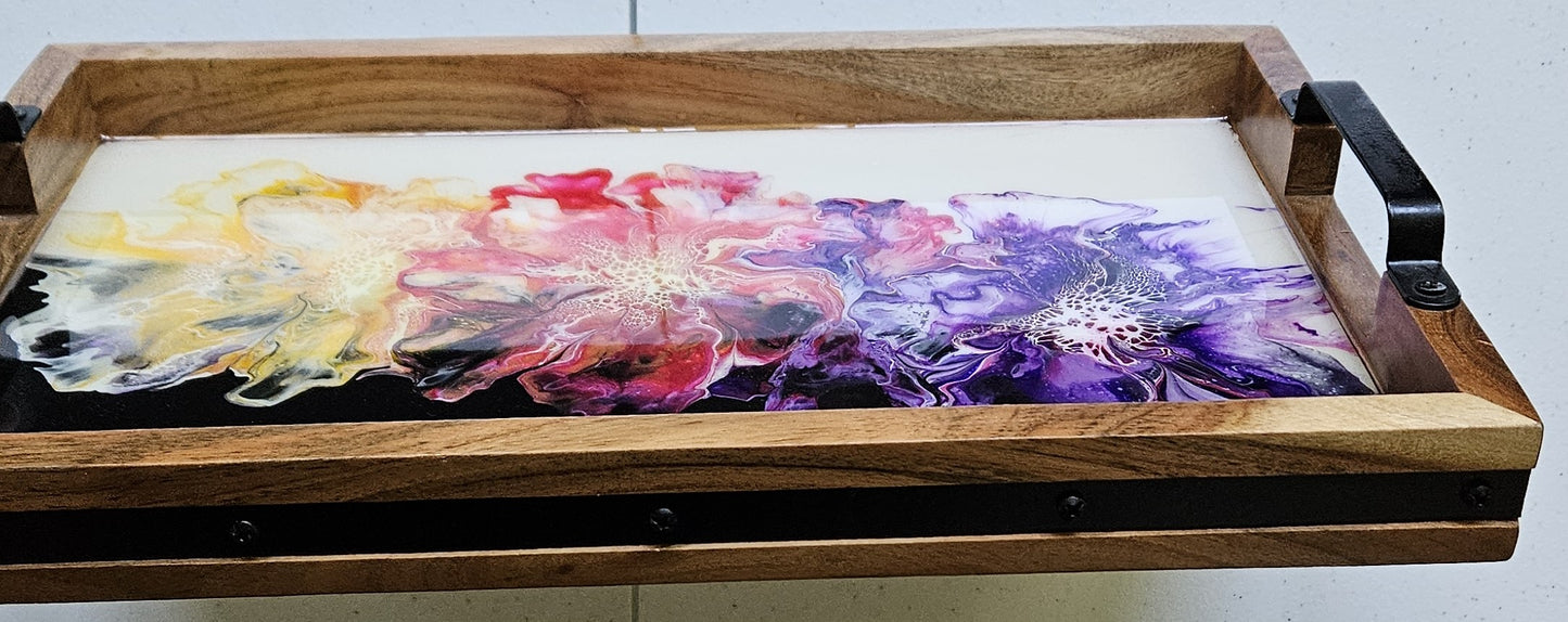 10 x 16 Acacia Serving Tray - Yellow/Pink/Purple