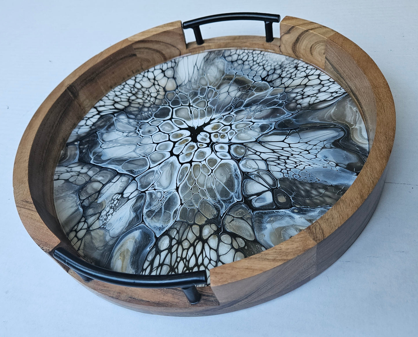 12" Round Serving Tray w/ Metal Handles - Naturally Metallic