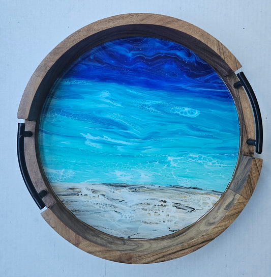 12" Round Serving Tray w/ Metal Handles - Night Beach