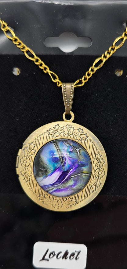 Pendant - Antique gold locket - shades of blue, purple, & green