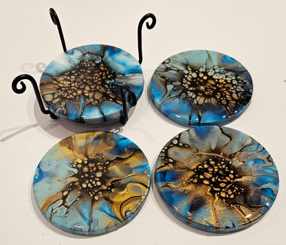 Coaster - Set of 4, Round with Holder - Blue/Gold 1