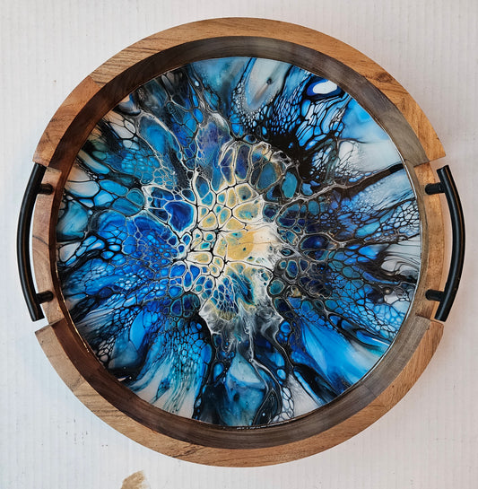 12" Round Serving Tray w/ Metal Handles - Blue Red Sky