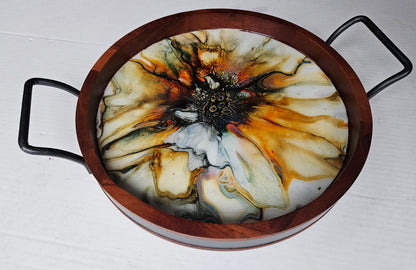 13.75" Round Serving Tray w/ Metal Handles - Golden Waterfall
