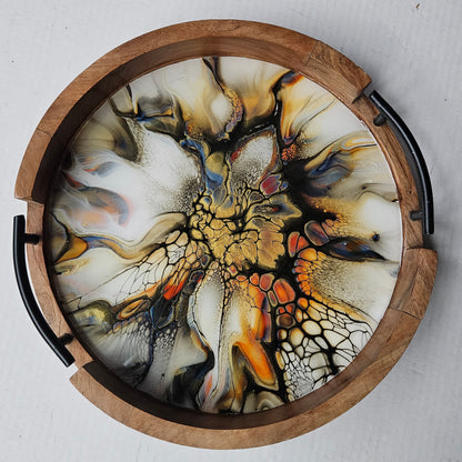 12" Round Serving Tray w/ Metal Handles - Golden Waterfall 2