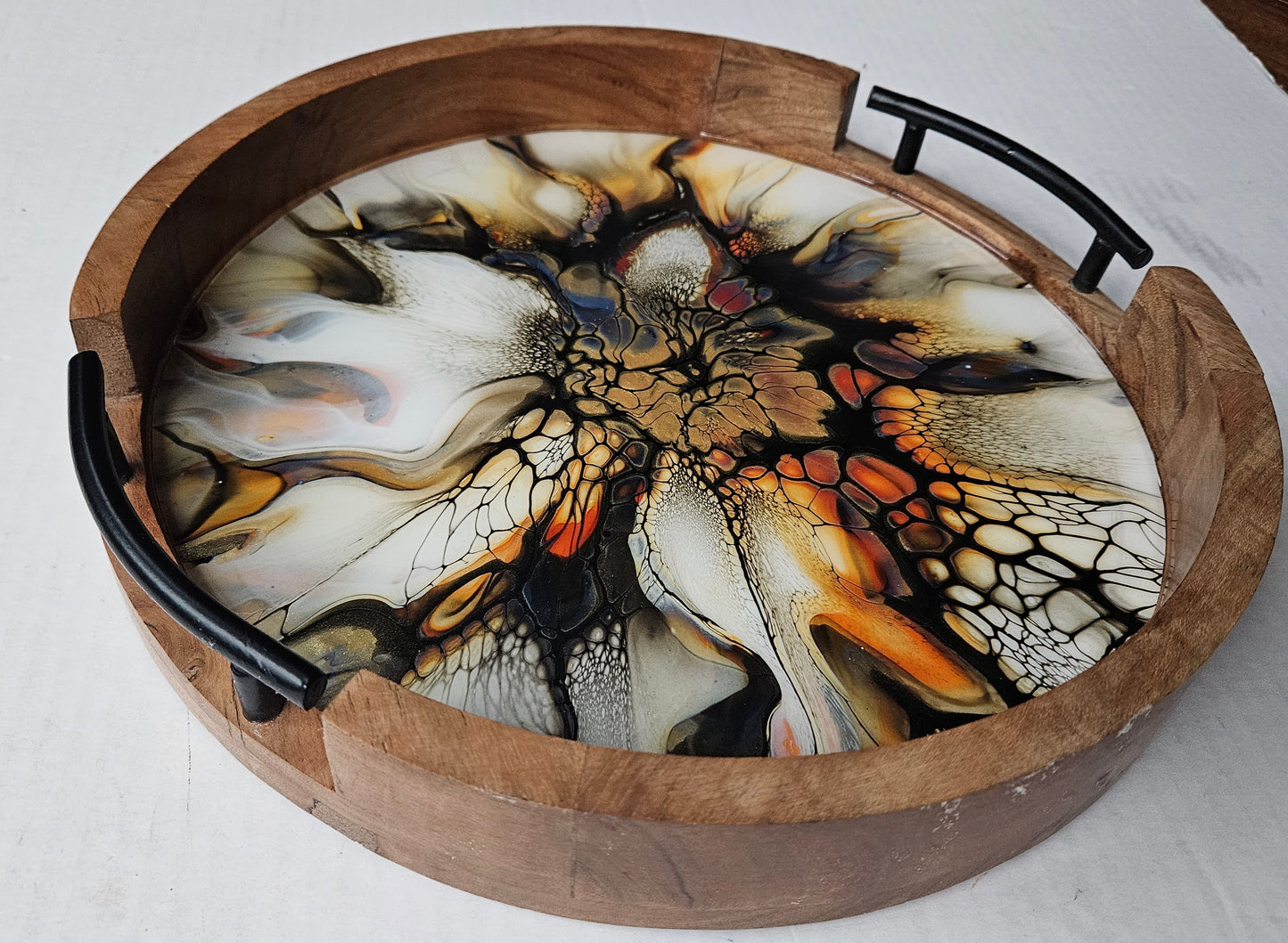 12" Round Serving Tray w/ Metal Handles - Golden Waterfall 2