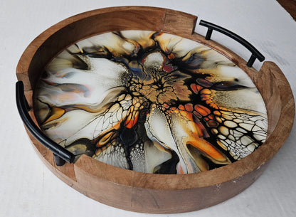 12" Round Serving Tray w/ Metal Handles - Golden Waterfall 2