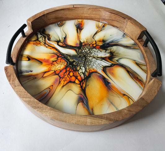 12" Rnd Tray w Metal Handle - Golden Waterfall 4