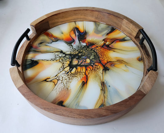 12" Rnd Tray w Metal Handle - Golden Waterfall 2