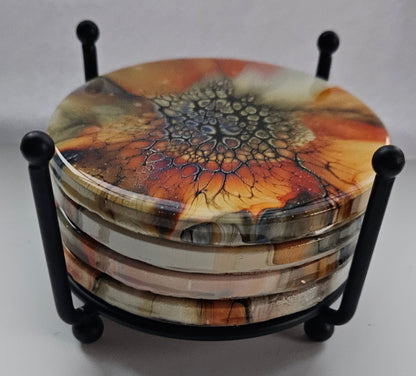 Coaster - Set of 4, Rnd w Holder - Golden Waterfall