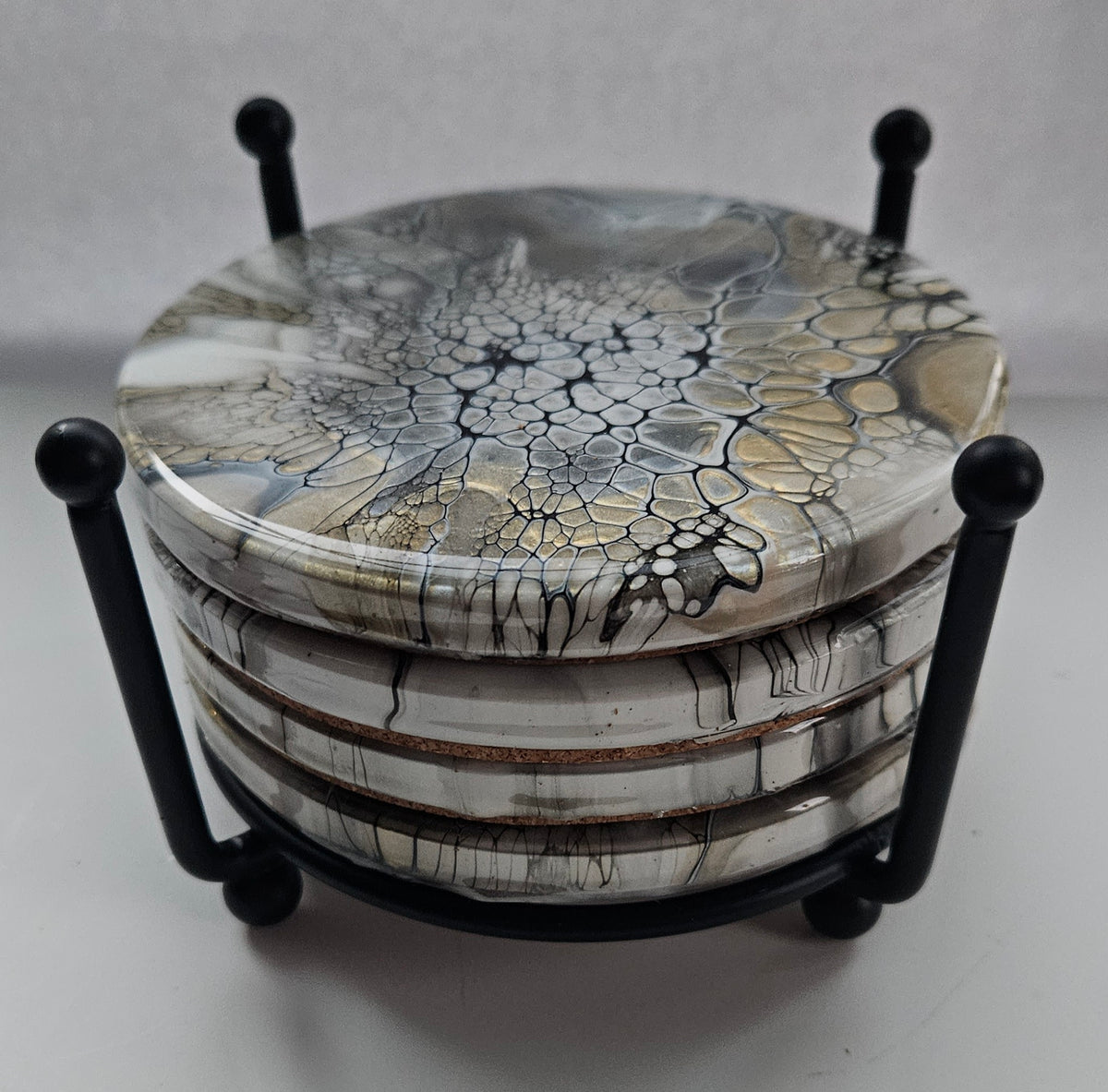Coaster - Set of 4, Rnd w Holder - Naturally Metallic