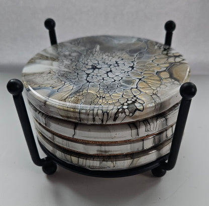 Coaster - Set of 4, Rnd w Holder - Naturally Metallic