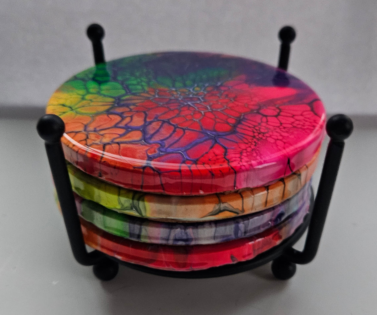 Coaster - Set of 4, Rnd w Holder - Fluorescent Rainbow