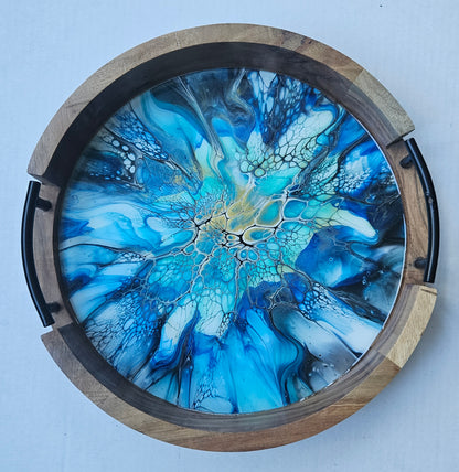 12" Round Serving Tray w/ Metal Handles - Cobalt Flash