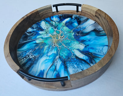 12" Round Serving Tray w/ Metal Handles - Cobalt Flash