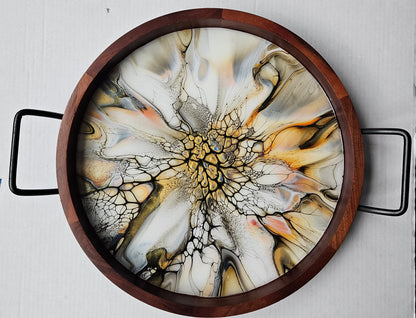 16" Round Serving Tray w/ Metal Handles - Golden Waterfall