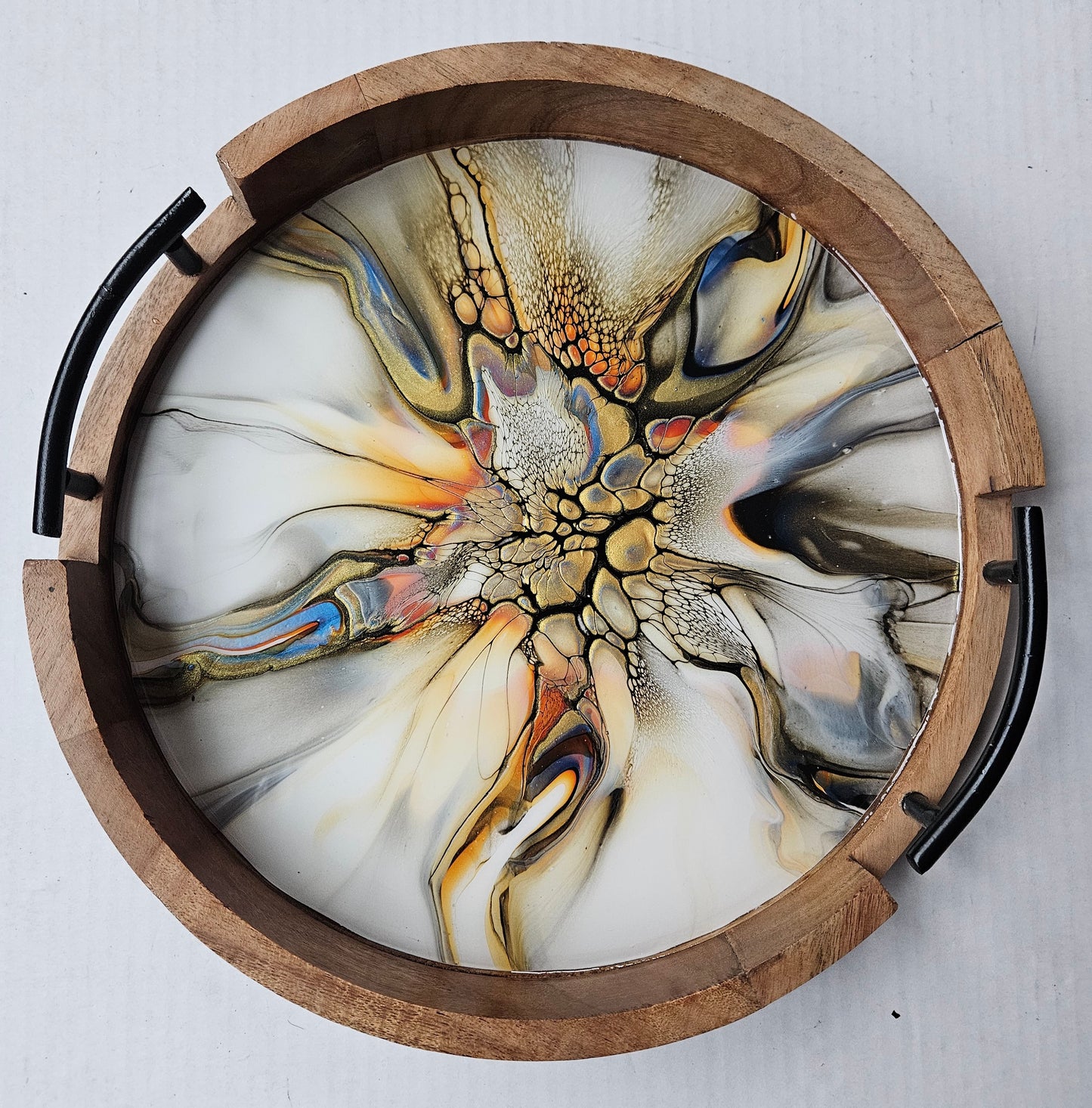 12" Round Serving Tray w/ Metal Handles - Golden Waterfall 1