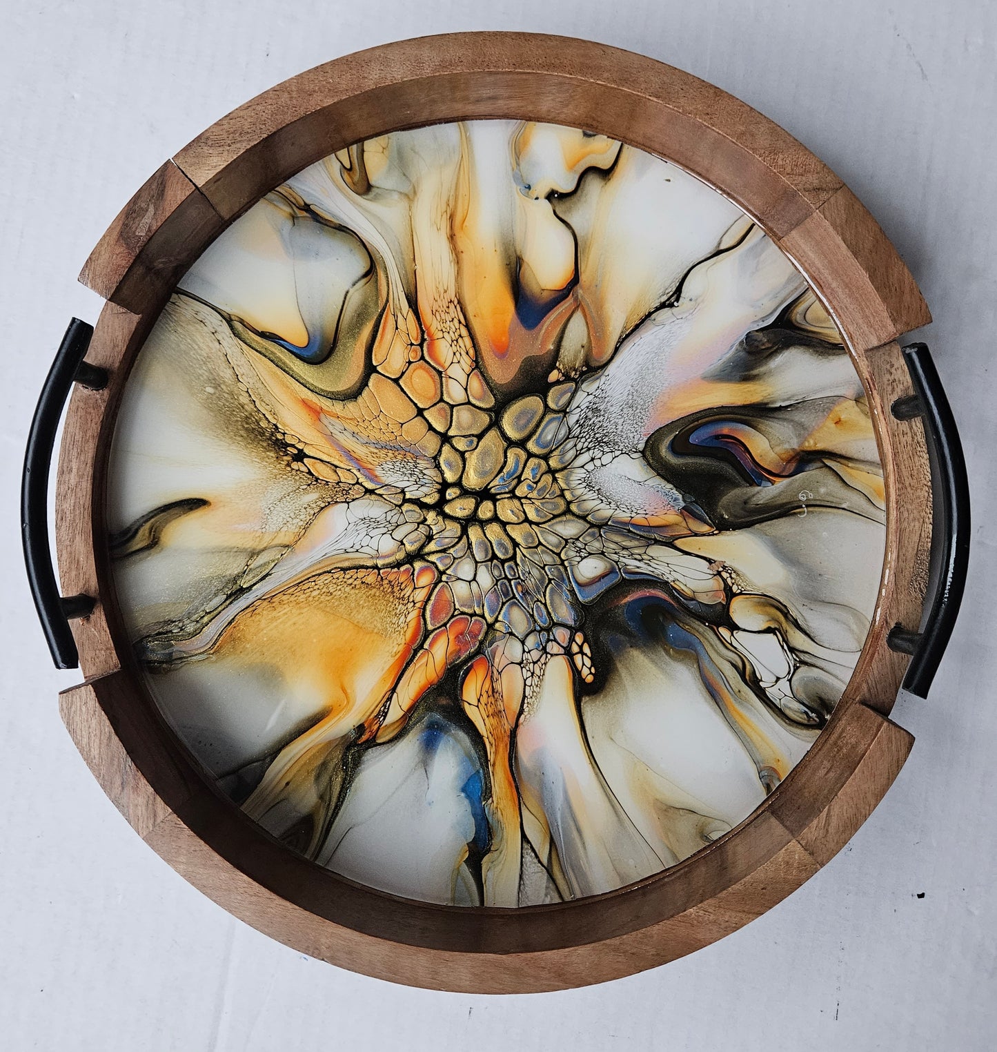 12" Round Serving Tray w/ Metal Handles - Golden Waterfall 3