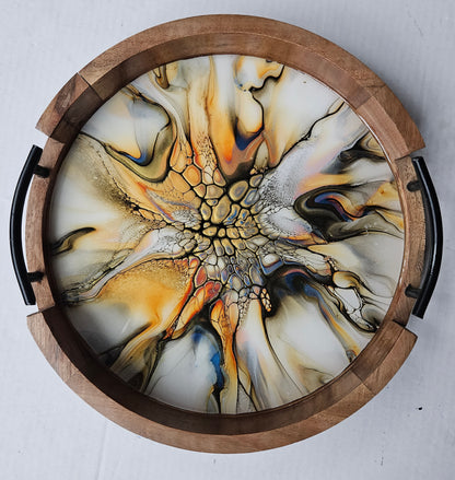 12" Round Serving Tray w/ Metal Handles - Golden Waterfall 3