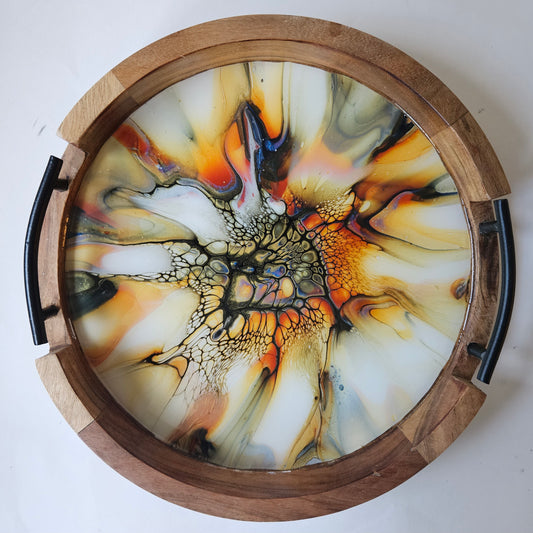 12" Rnd Tray w Metal Handle - Golden Waterfall 2