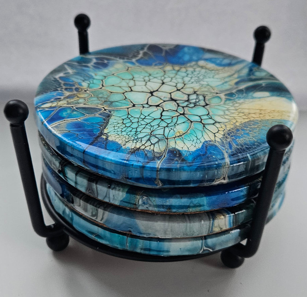 Coaster - Set of 4, Rnd w Holder - Cobalt Flash