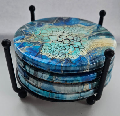 Coaster - Set of 4, Rnd w Holder - Cobalt Flash