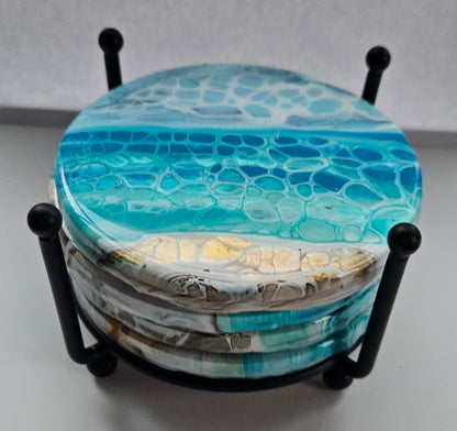 Coaster - Set of 4, Rnd w Holder - Bermuda Beach